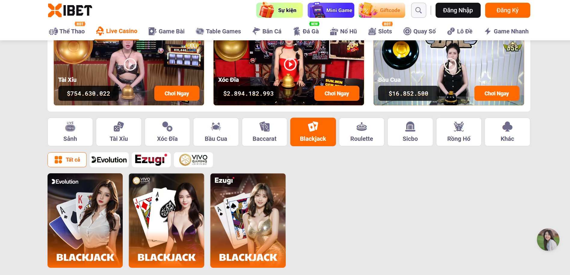 Giao diện chọn sảnh cược live casino XIBET