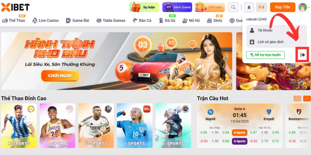 Nhấn vào biểu tượng đăng xuất trên màn hình